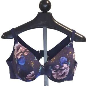 Cacique Bra Size 44C Backsmoother Lightly Lined Full Coverage Navy Floral